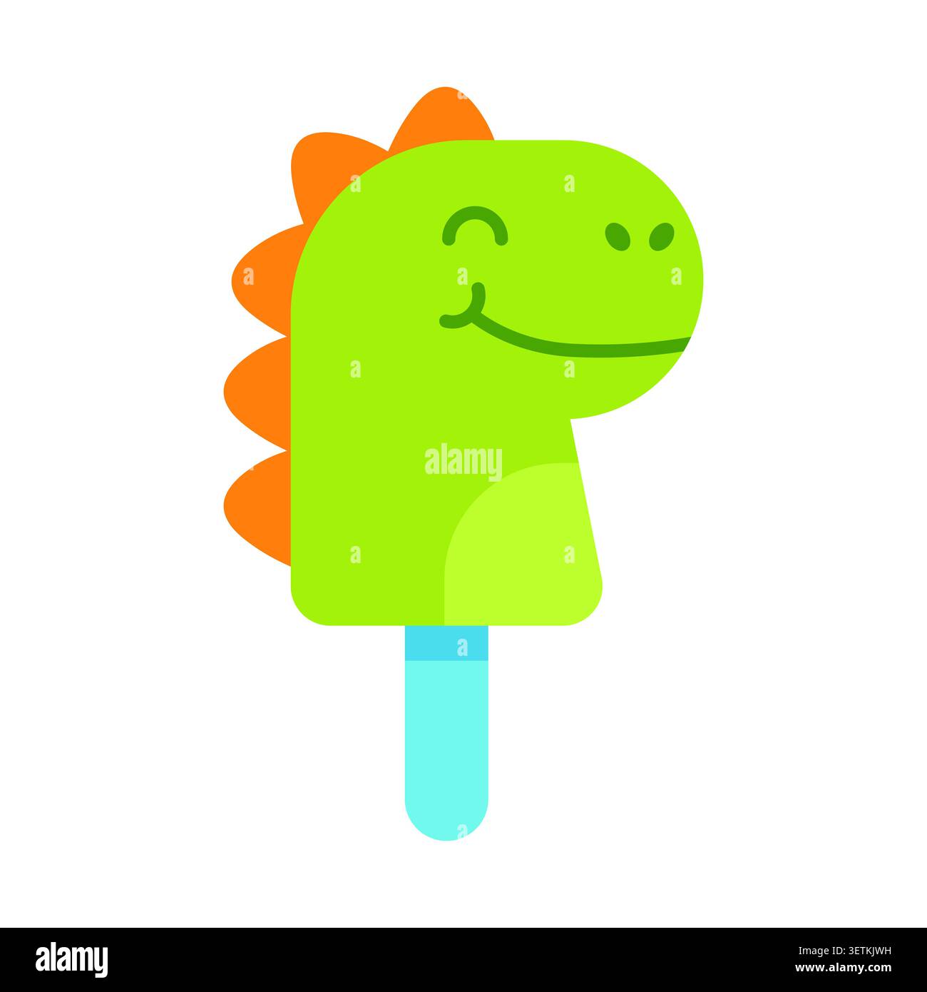 Cute Green Dinosaur Popsicle Illustration on White Background - A charming flat vector illustration of a green dinosaur popsicle. Stock Vector