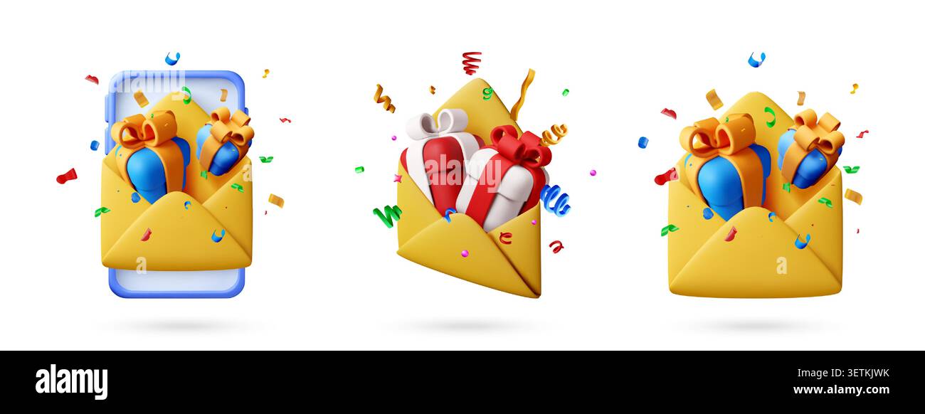 3d gift box in envelope with phone and confetti. Stock Vector