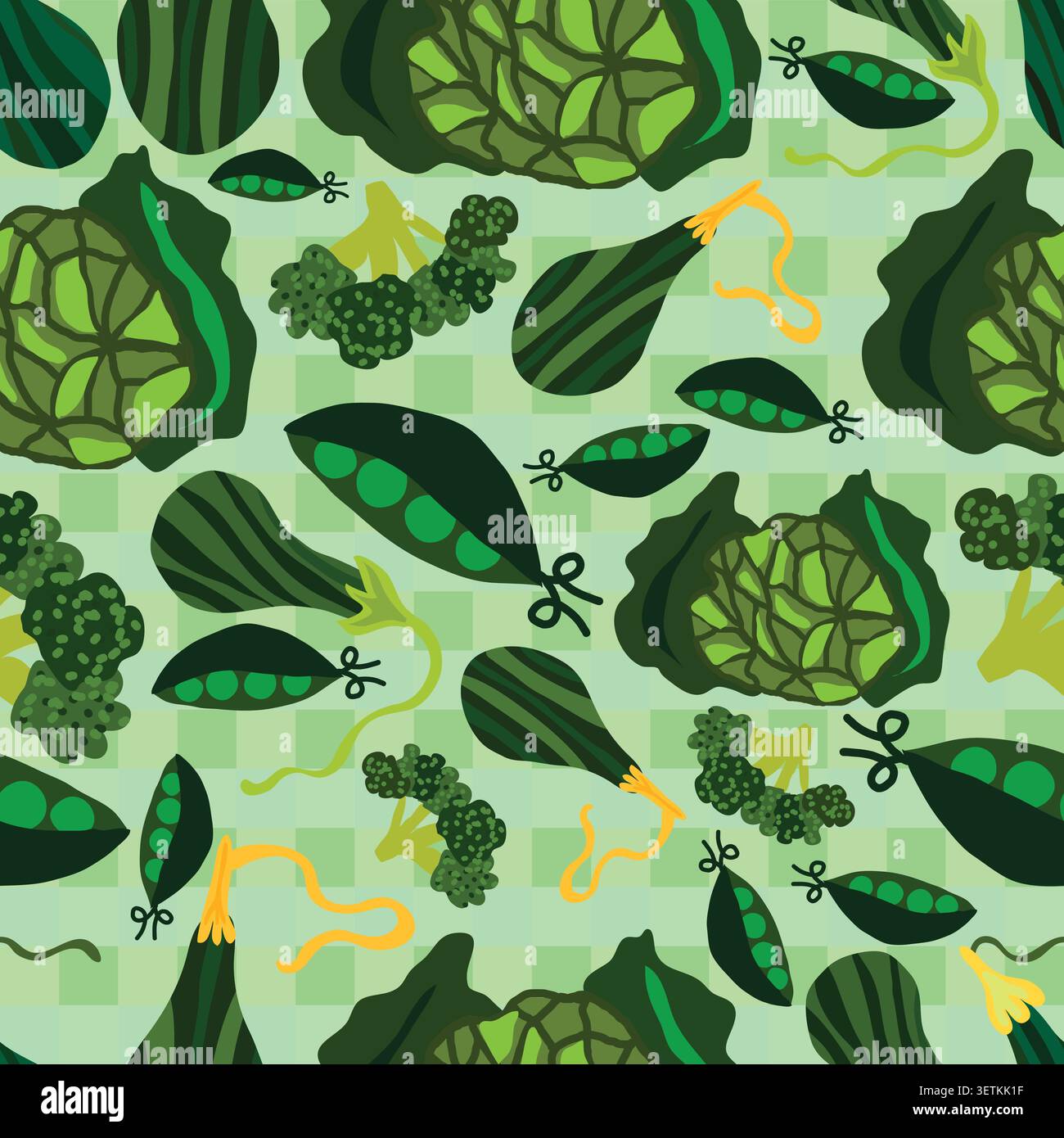 peas, cabbage green, broccoli and gourd on checkered seamless pattern Stock Vector