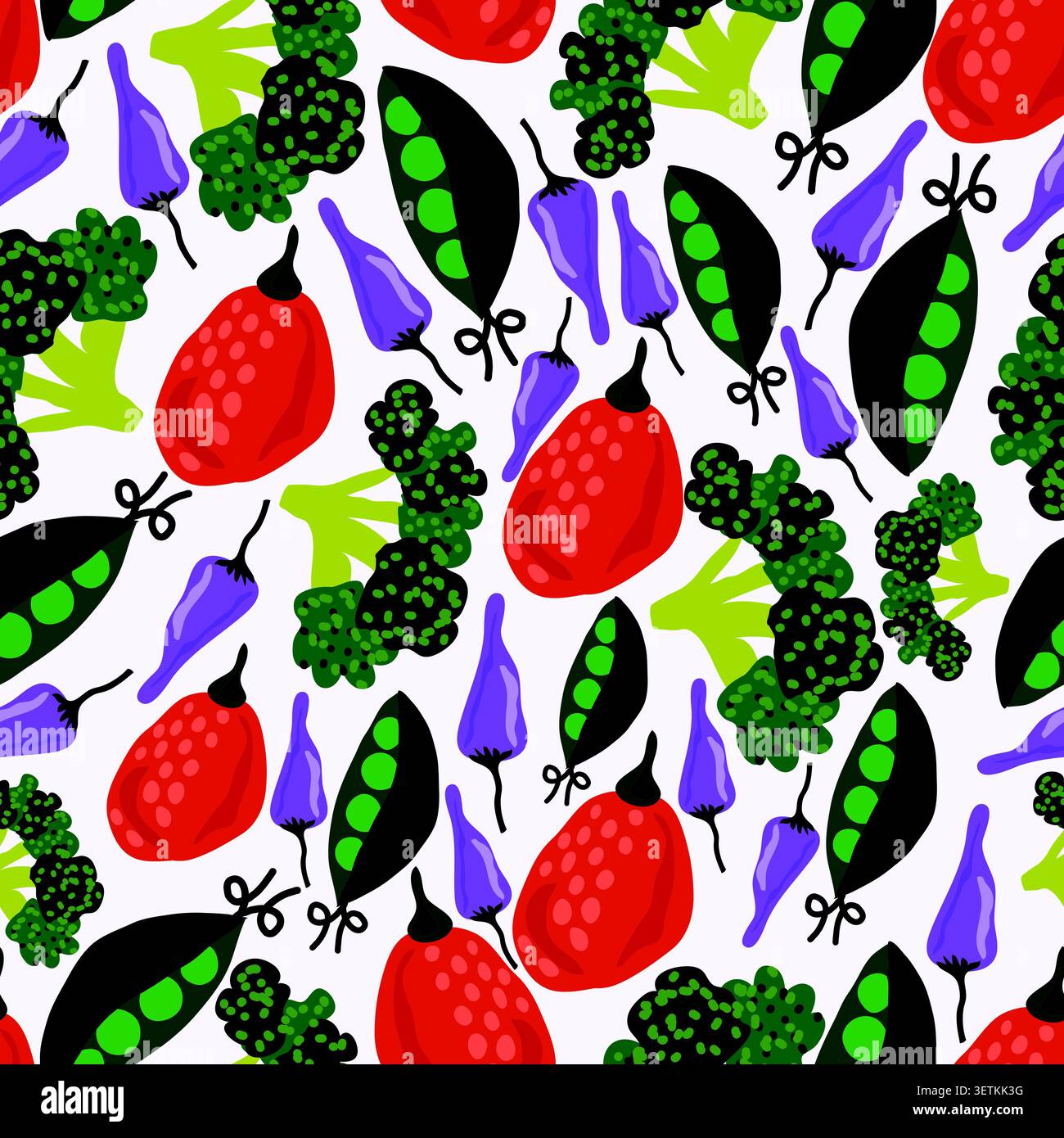 red chilli, peas, broccoli, purple chilli vegetables seamless pattern Stock Vector