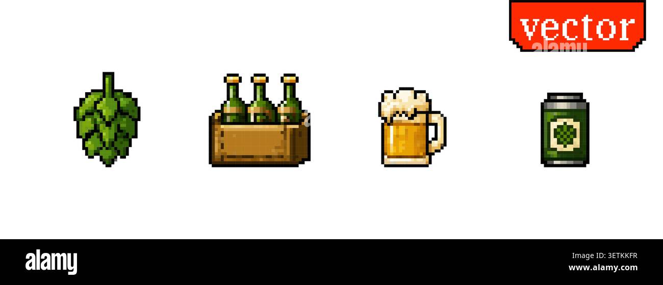 Pixel brewery icons featuring hops, beer bottles, a crate, beer mug and can for retro games, apps and management interfaces. Stock Vector