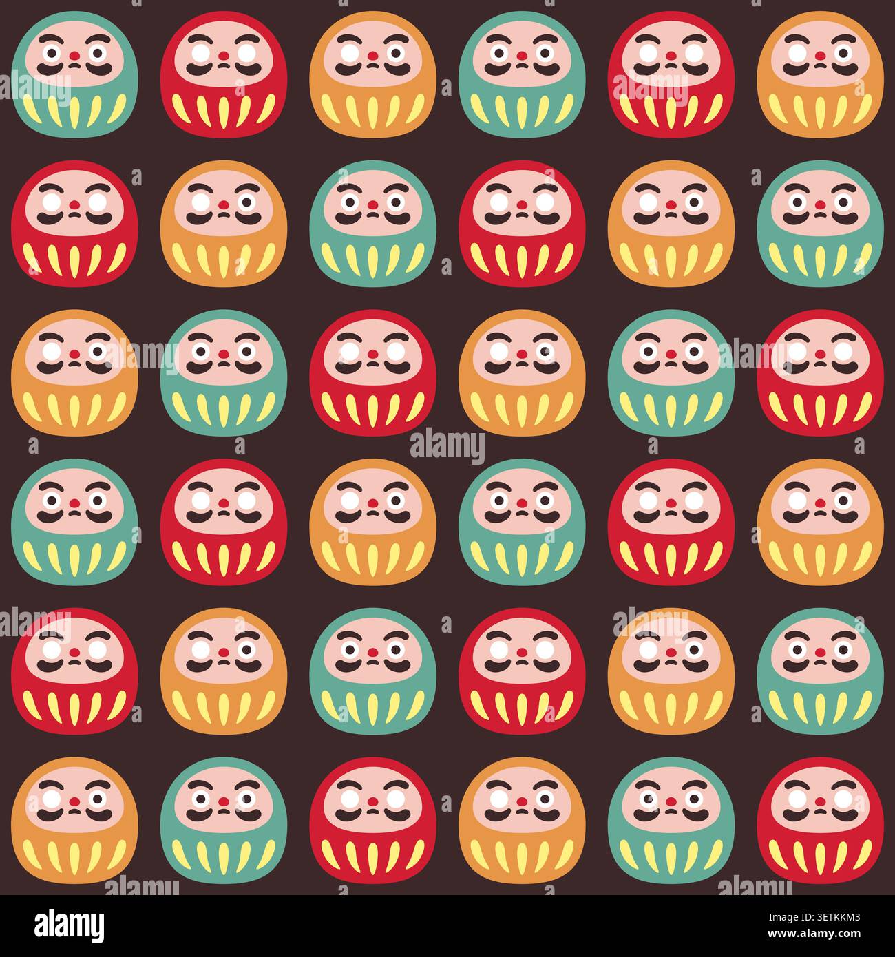 Seamless Pattern of Multicolor Daruma Dolls on Dark Brown Background Vector Illustration Stock Vector
