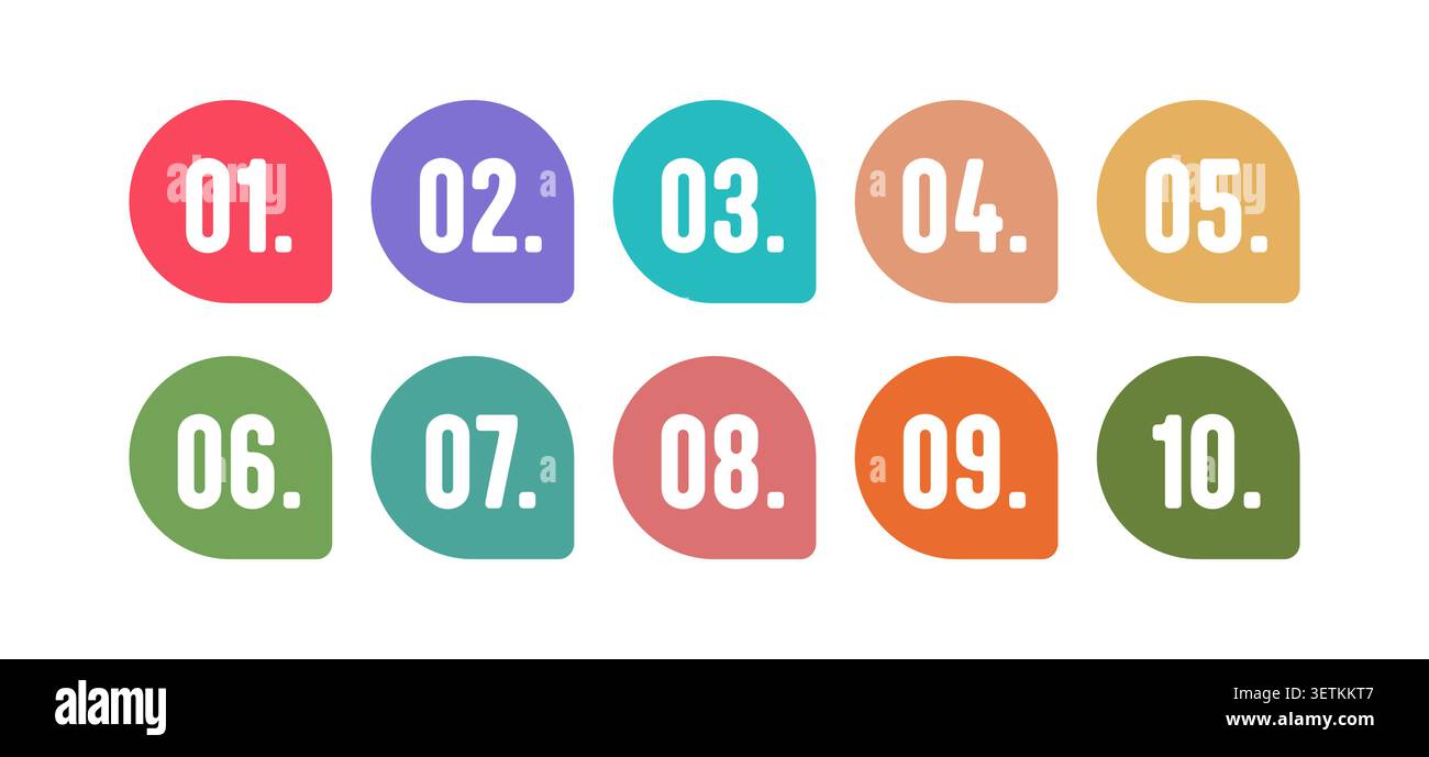 Colorful Solid Numbered Bullet Points 1 to 10 Vector Set Stock Vector