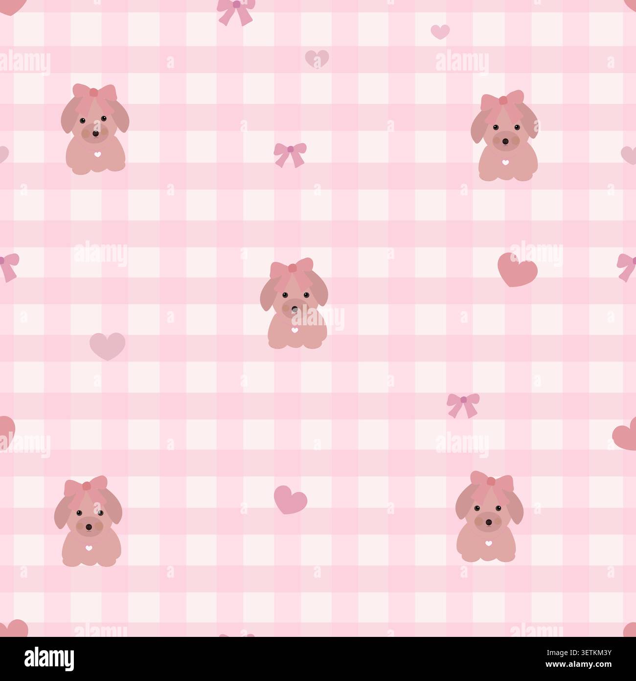 Cute couquette pet and bow with plaid pattern. Seamless fabric design pattern Stock Vector