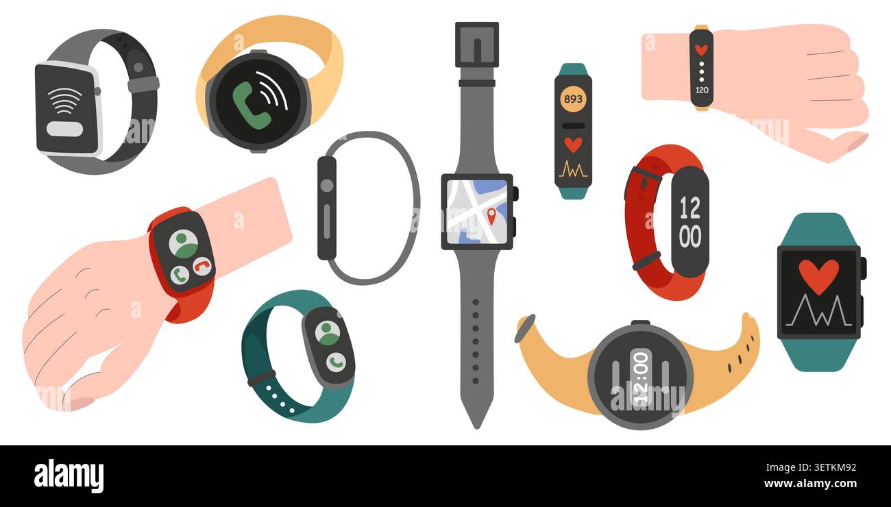 Smart watches on hands vector set Stock Vector