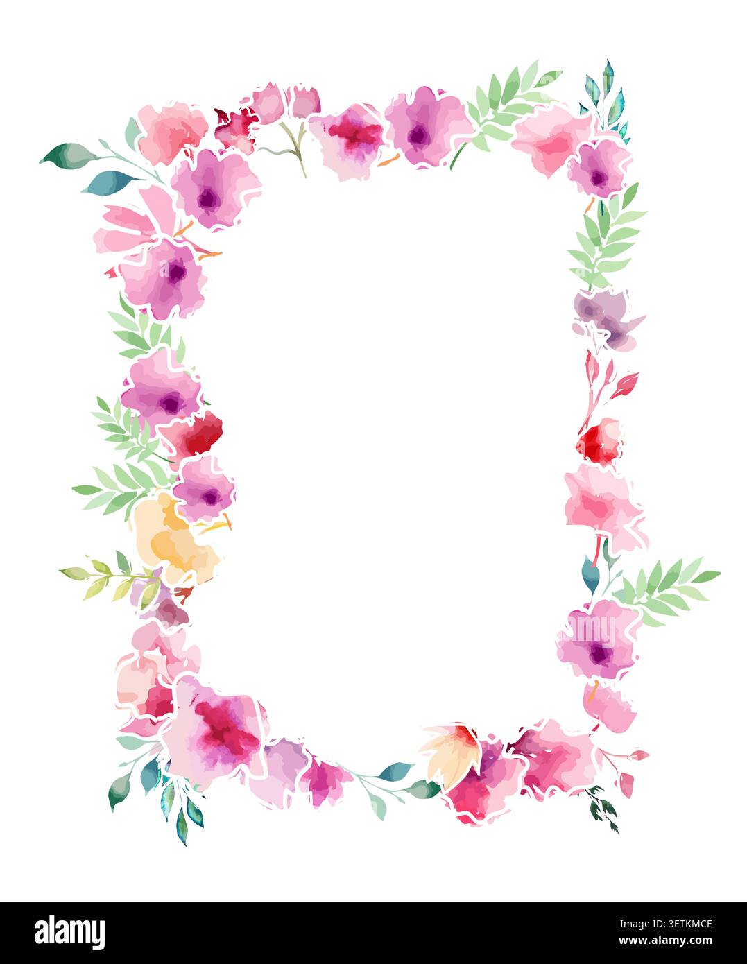 Rectangular frame postcard with watercolor flowers . Hand drawn. Not AI, vector illustration. Stock Vector