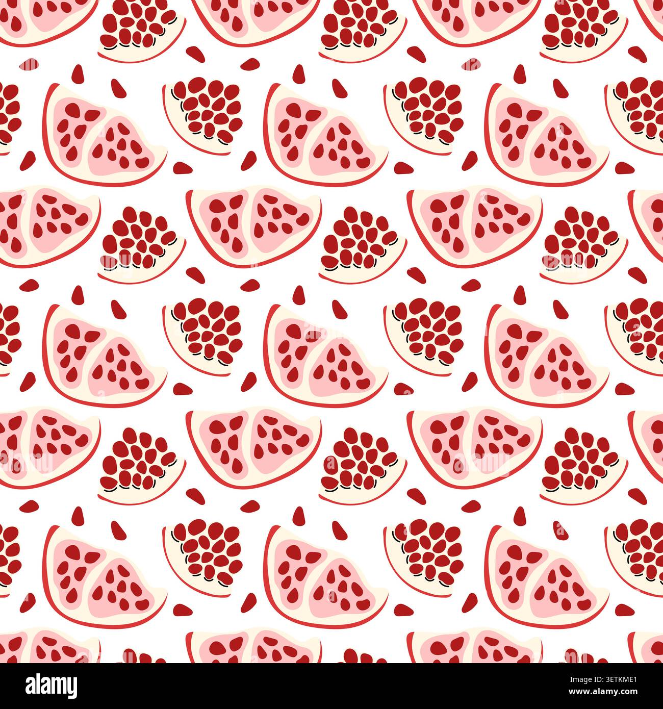 Seamless Pomegranate Slice Pattern with Red Seeds on White Background Vector Illustration Stock Vector