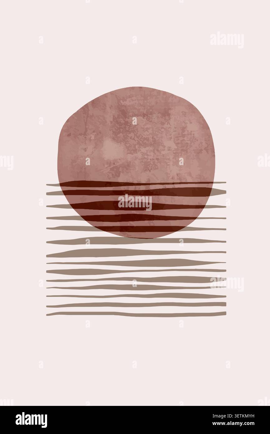 Minimal abstract composition with textured sun and horizontal lines Stock Vector