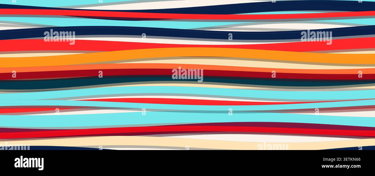 Abstract wavy horizontal stripes, colorful coastal background. Red, cyan, navy, orange bands, summer textile, wrapping, wallpaper design. Vector Stock Vector