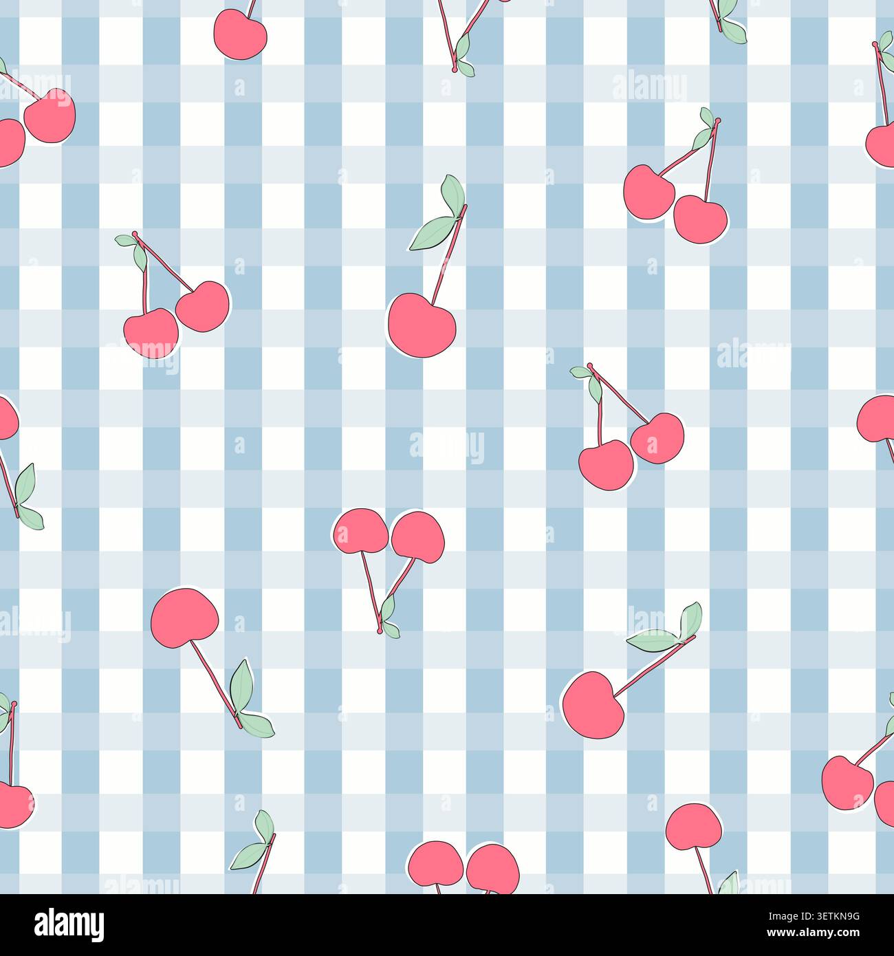 Cherries blue plaid pattern. Seamless fabric design pattern Stock Vector
