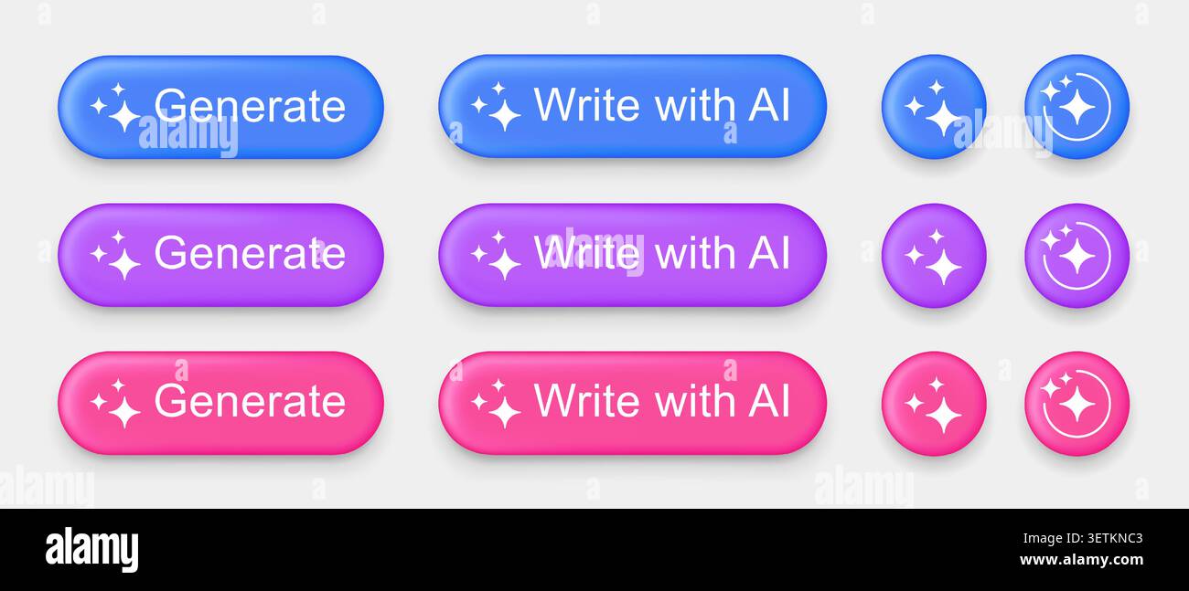 3D AI button collection with glossy gradient effect for modern web and mobile interfaces. Vector illustration Stock Vector