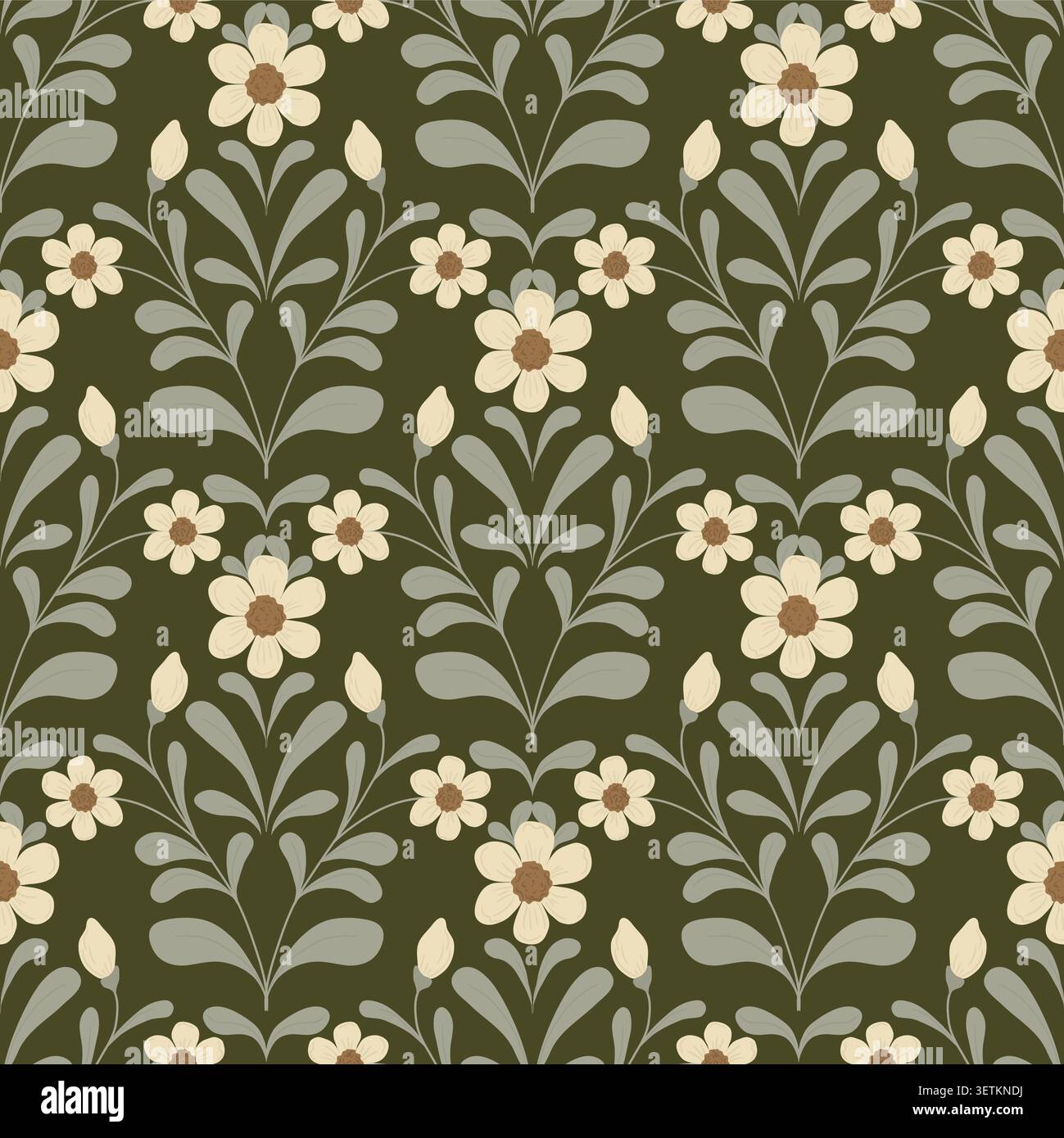 Flowers, buds and petals on a seamless pattern. Vector illustration. The pattern of flowering grasses and twigs is isolated on a dark background. Stock Vector