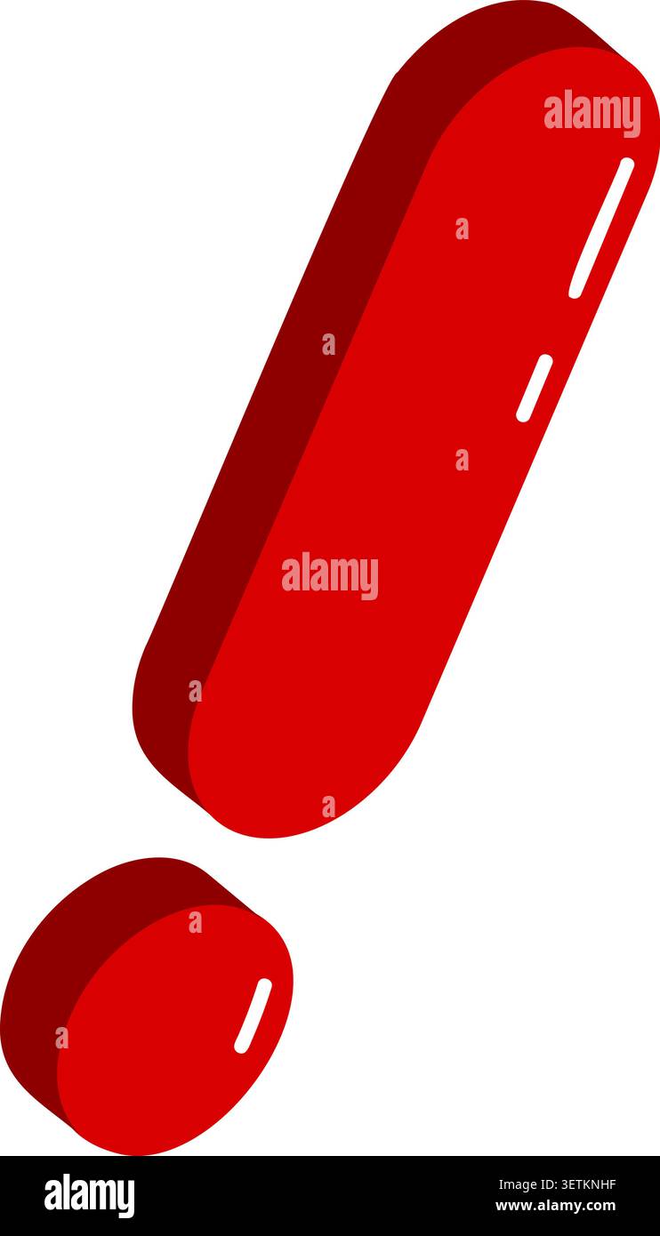 Red three dimensional exclamation mark with glossy highlights. Stock Vector