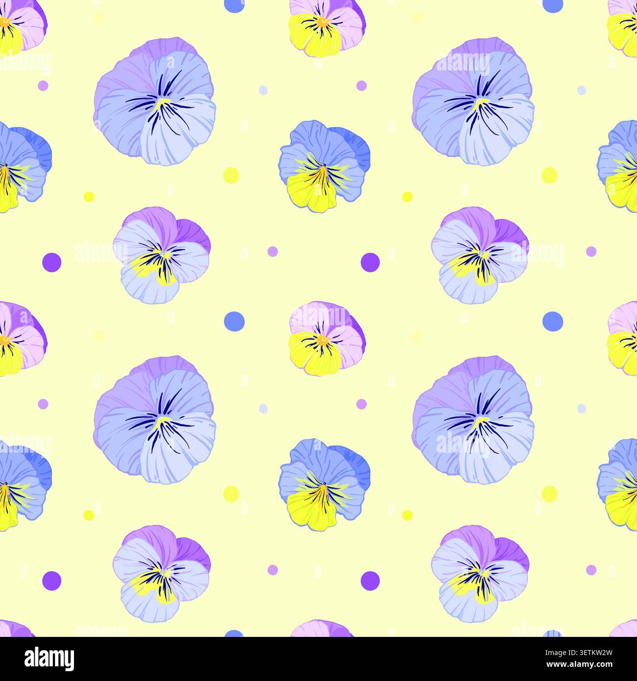 vector seamless pattern with viola flowers, wild pansies, on a yellow background Stock Vector