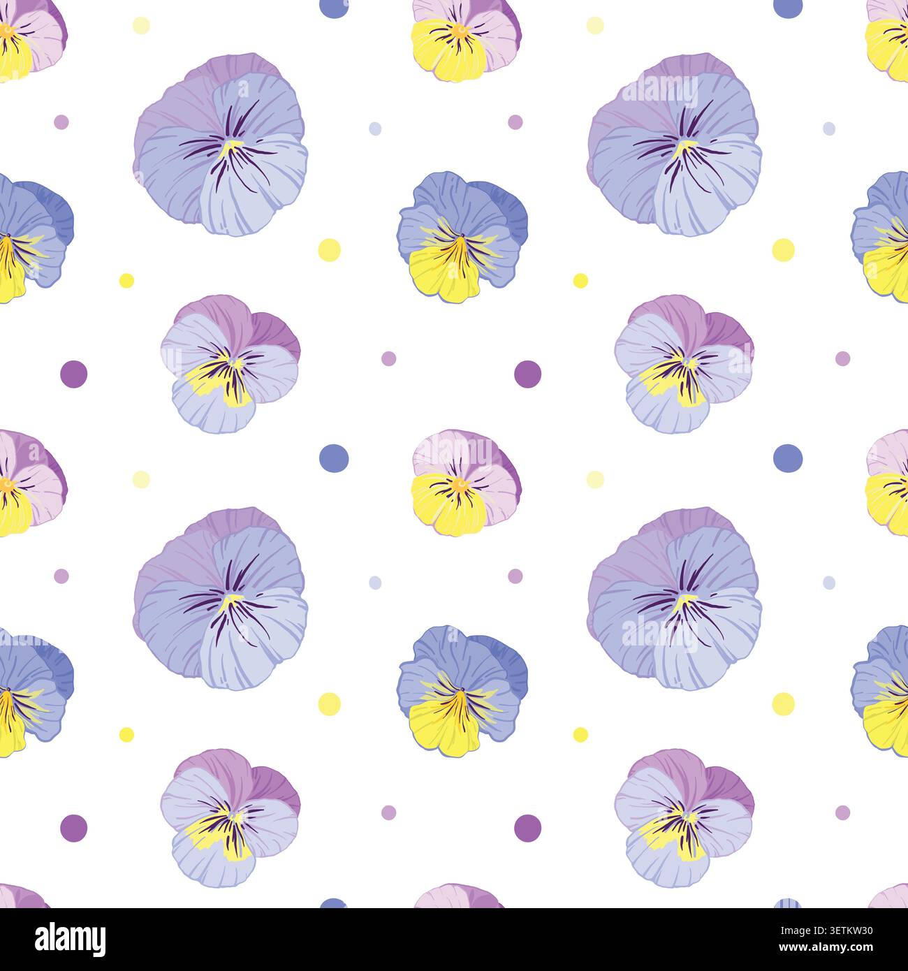 vector seamless pattern with viola flowers, wild pansies, on a yellow background Stock Vector