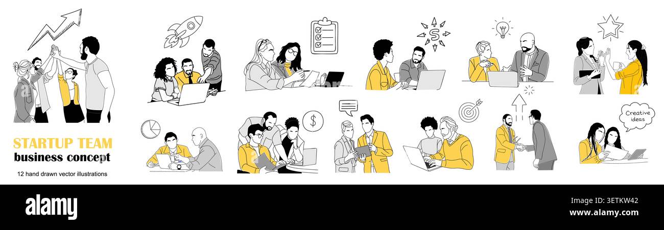 Modern line art shows startup teamwork in action Stock Vector
