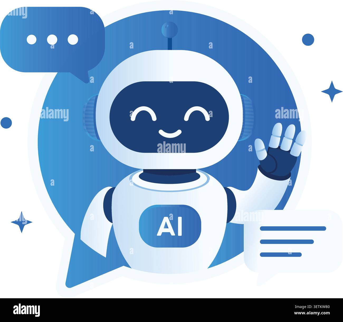 Minimal AI chatbot assistant vector illustration with smiling robot character, speech bubble and modern flat design elements. Artificial intelligence Stock Vector