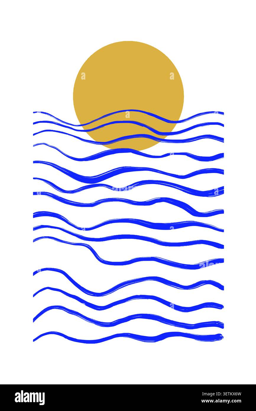Minimal sun setting over hand drawn blue waves Stock Vector