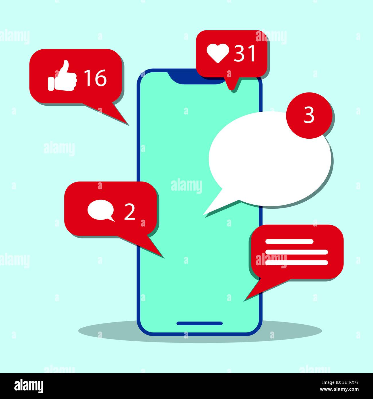Smartphone illustration showing social media activity with likes, comments, messages, and engagement notifications, representing digital communication Stock Vector