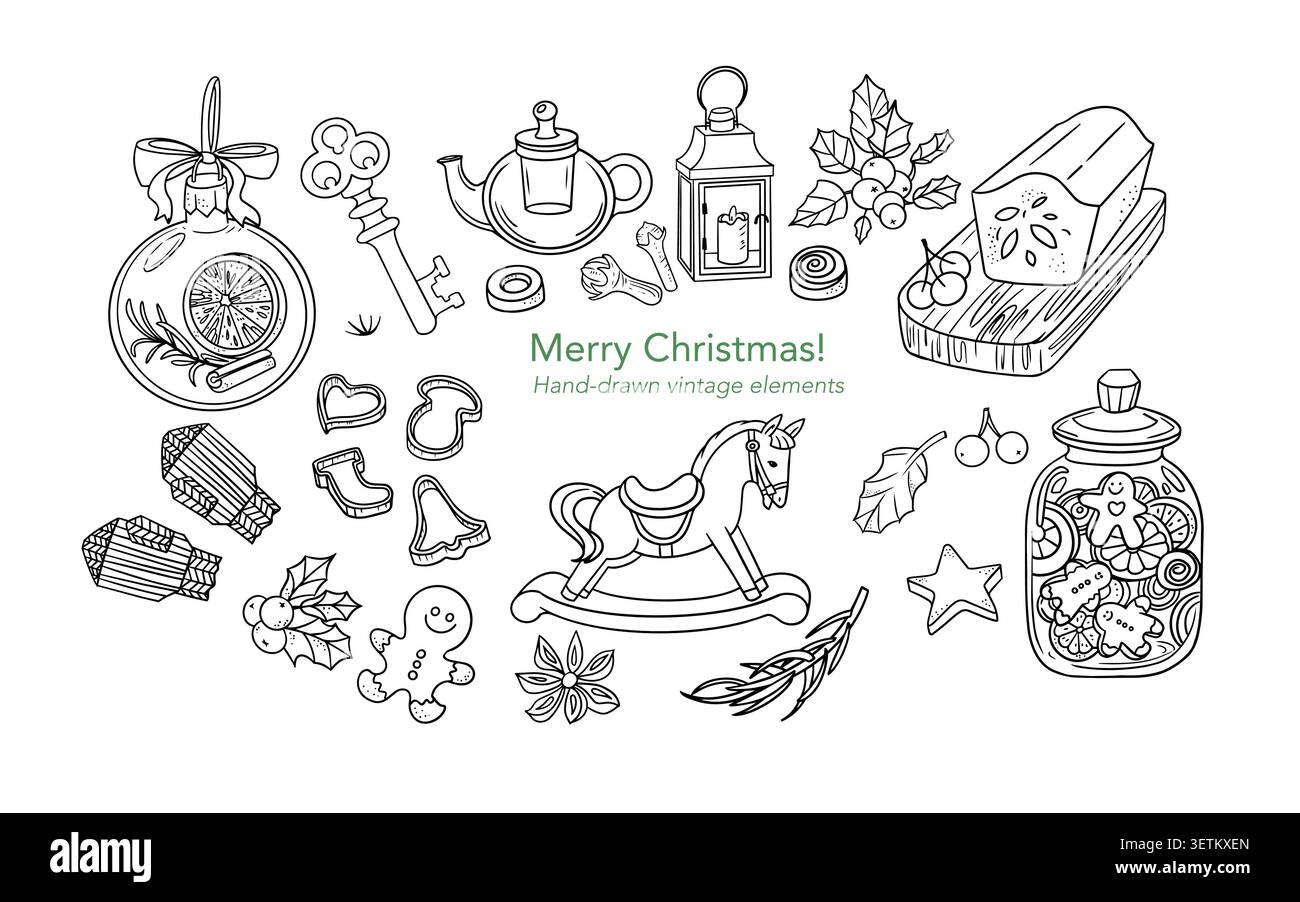 Hand drawn christmas vintage elements set vector illustration black ink contours. Collection of winter holiday sketches with rocking horse gingerbread Stock Vector