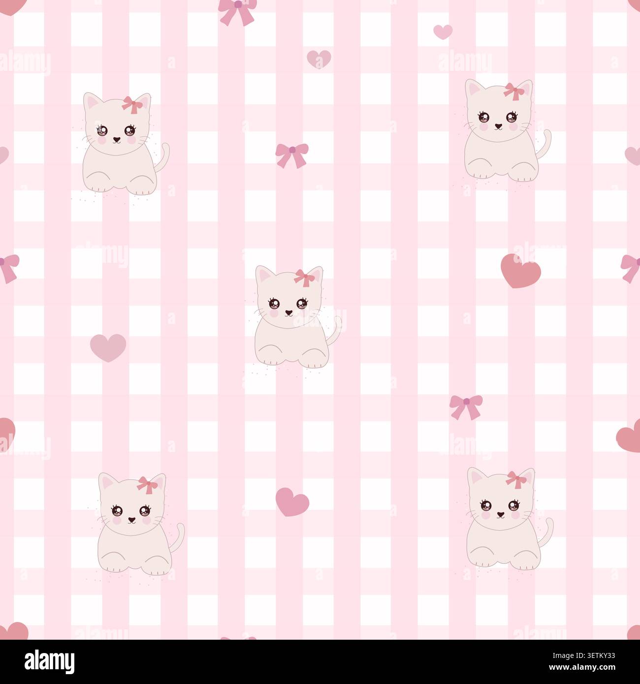 Cute kitty couquette pet and bow with plaid pattern. Seamless fabric design pattern Stock Vector