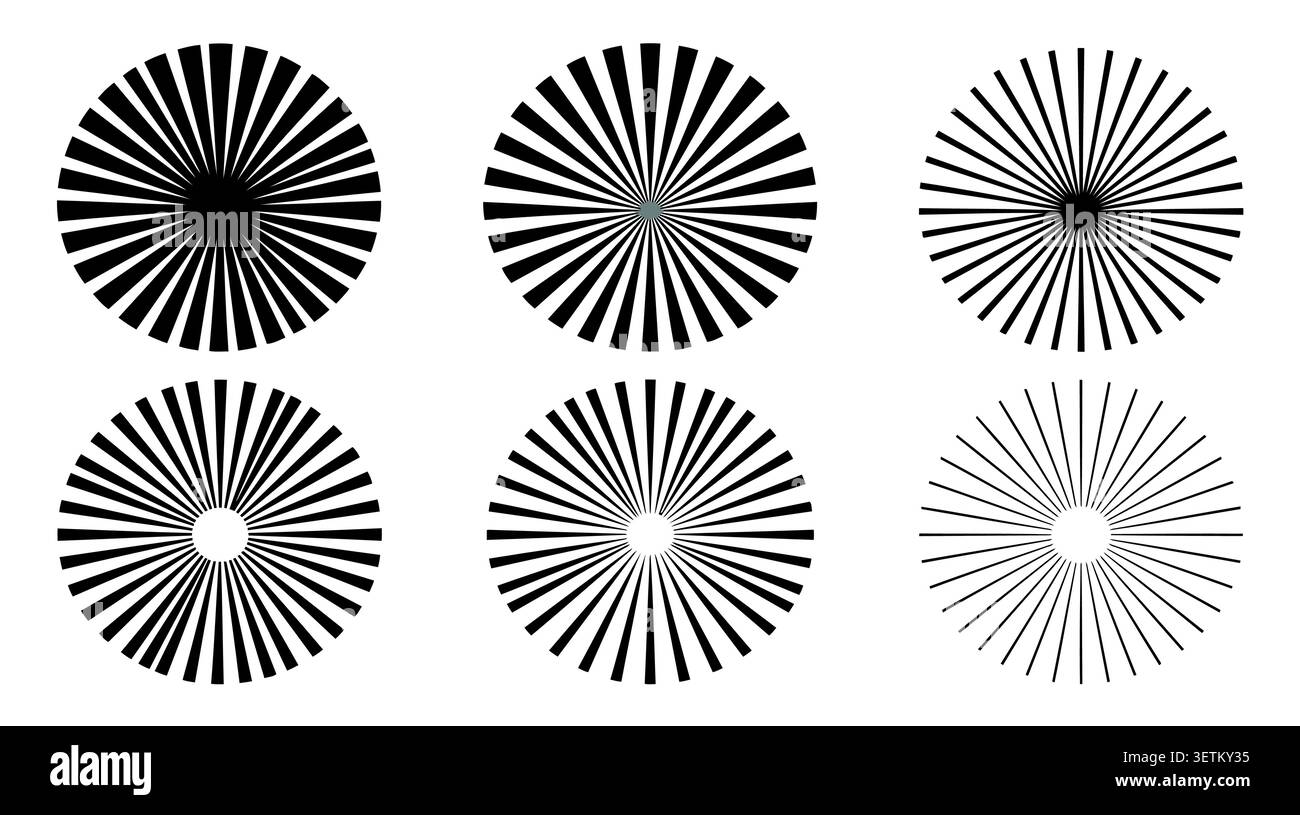 Sunburst Vector Elements Set – Starburst Radial Rays and Beam Stripe Illustration Collection Stock Vector