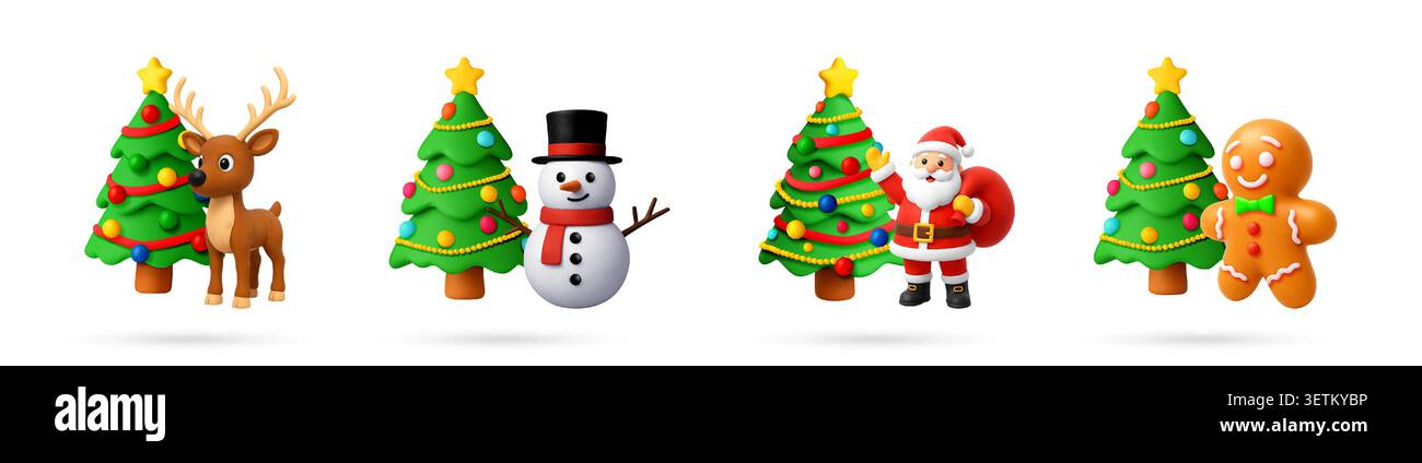 Set of 3D Christmas characters with pine tree. Stock Vector
