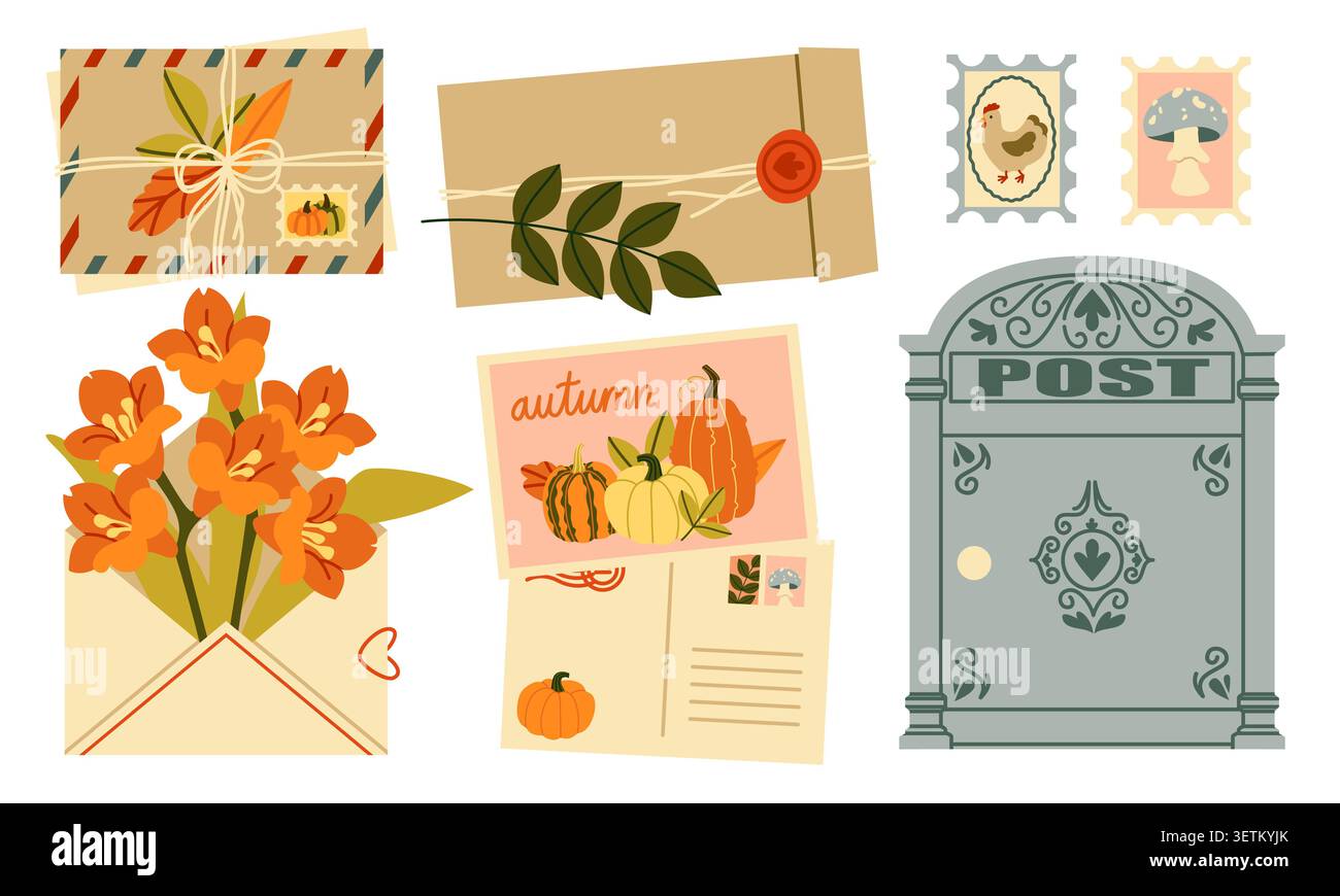 Autumn Mail Vector Set Flat Envelope Postbox Card Stock Vector