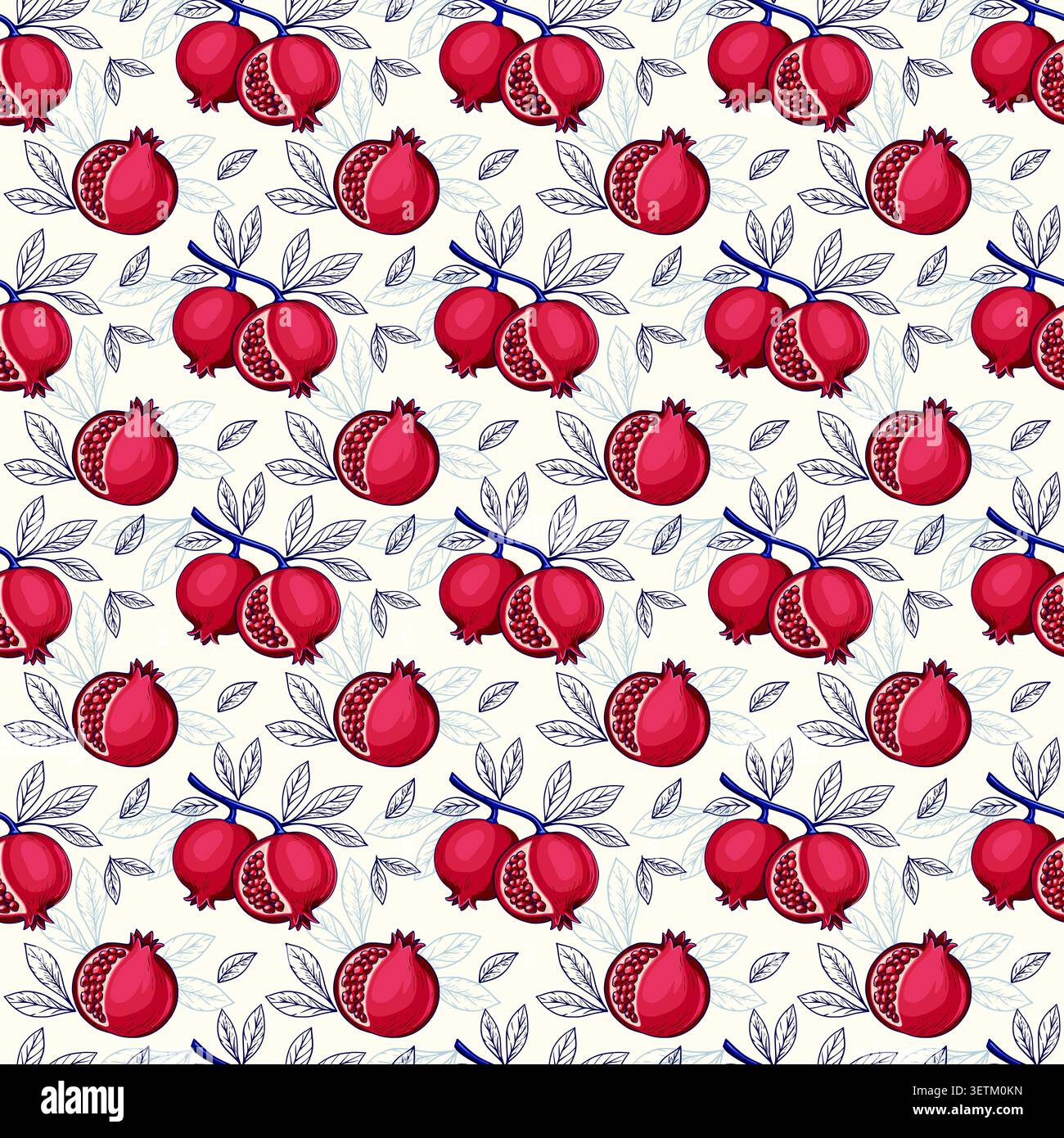 Pomegranate Fruit and Leaf Botanical Seamless Pattern Stock Vector
