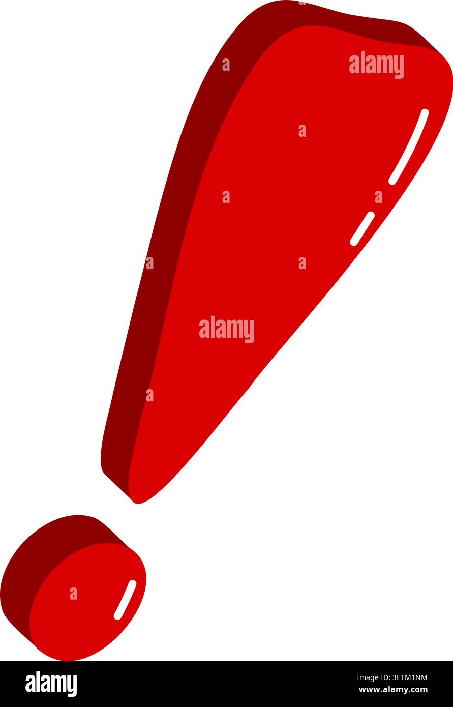 Red three dimensional exclamation mark glossy cartoon icon. Stock Vector