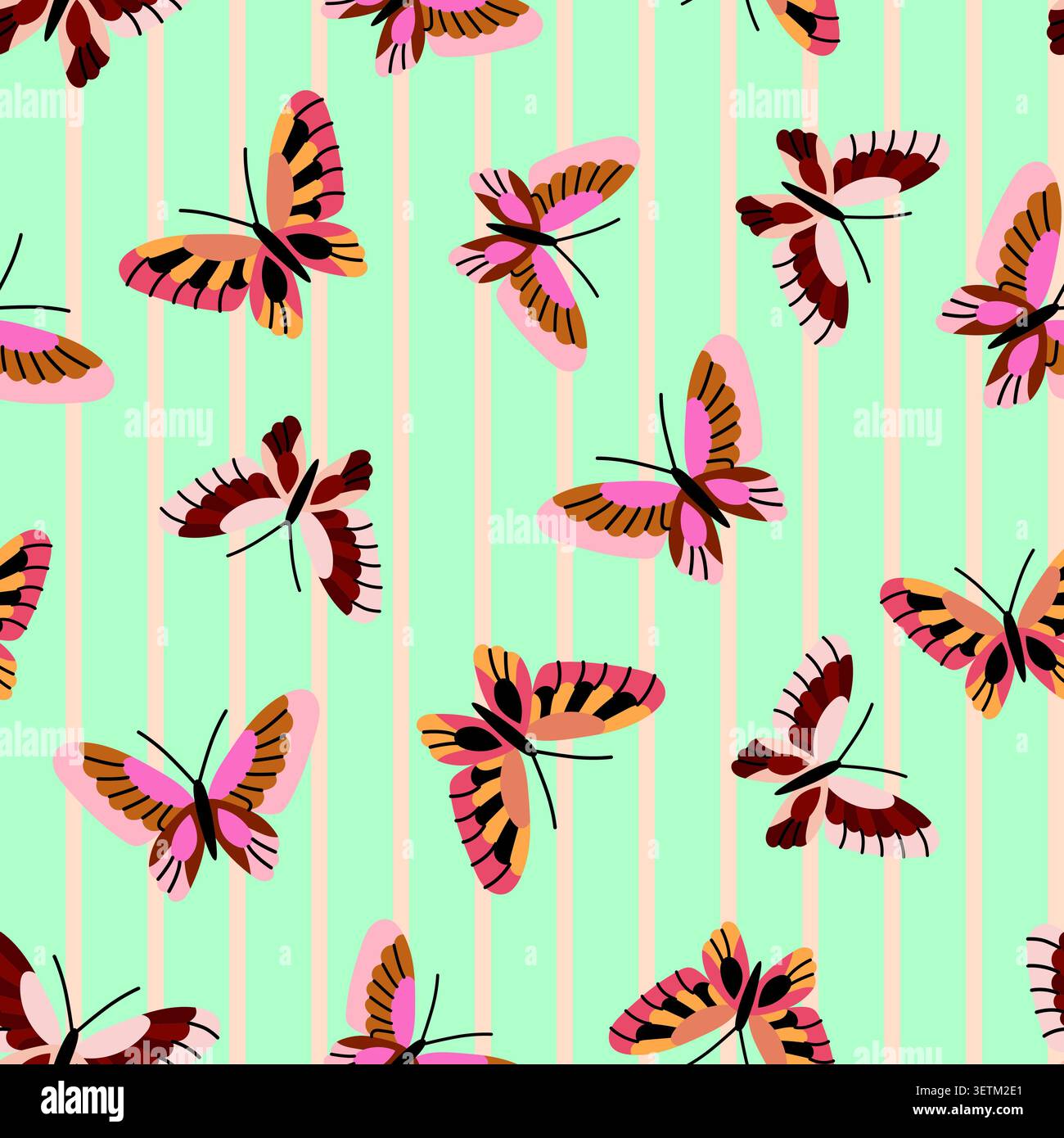 Seamless striped pattern with butterflies Stock Vector