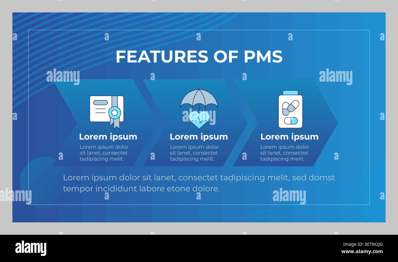 Features of PMS presentation slide template Stock Vector