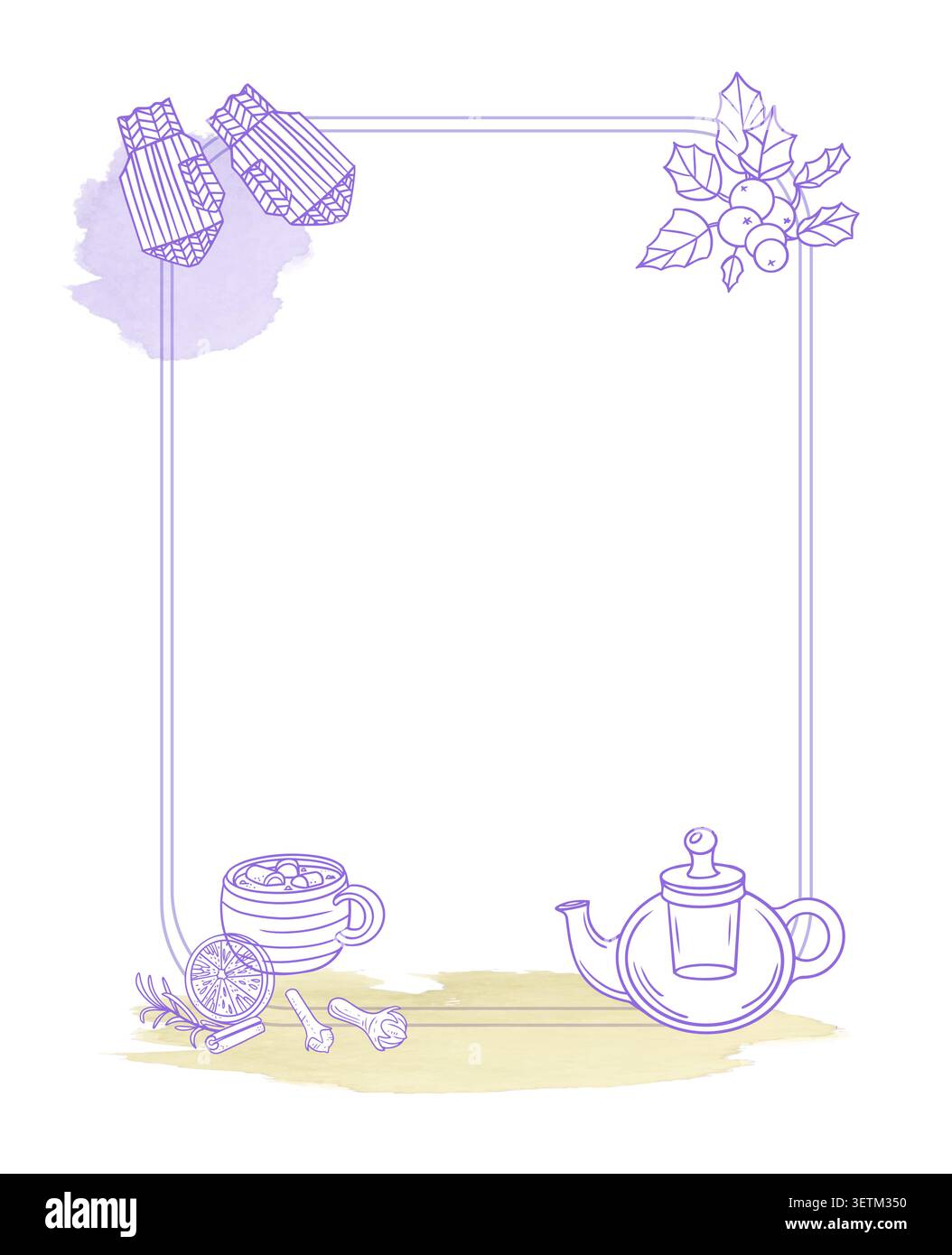Hand drawn christmas rectangular frame vector illustration violet ink contour. Vintage winter holiday cozy border with teapot mittens holly berries Stock Vector