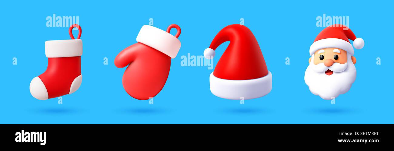 3D set with Santa Claus, hat, mitten and stocking Stock Vector