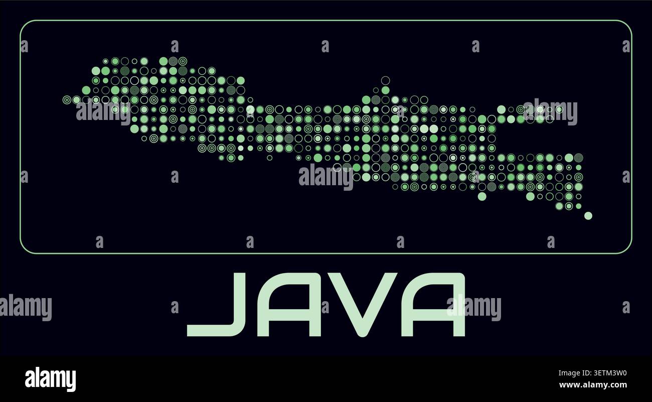Java digital style map. Small circle dots on dark background. Dotted shape of the island. Java map and title. Classy vector illustration. Stock Vector
