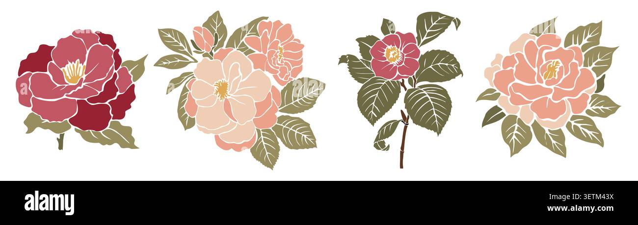 Four delicate flowers bloom in soft hues. Stock Vector