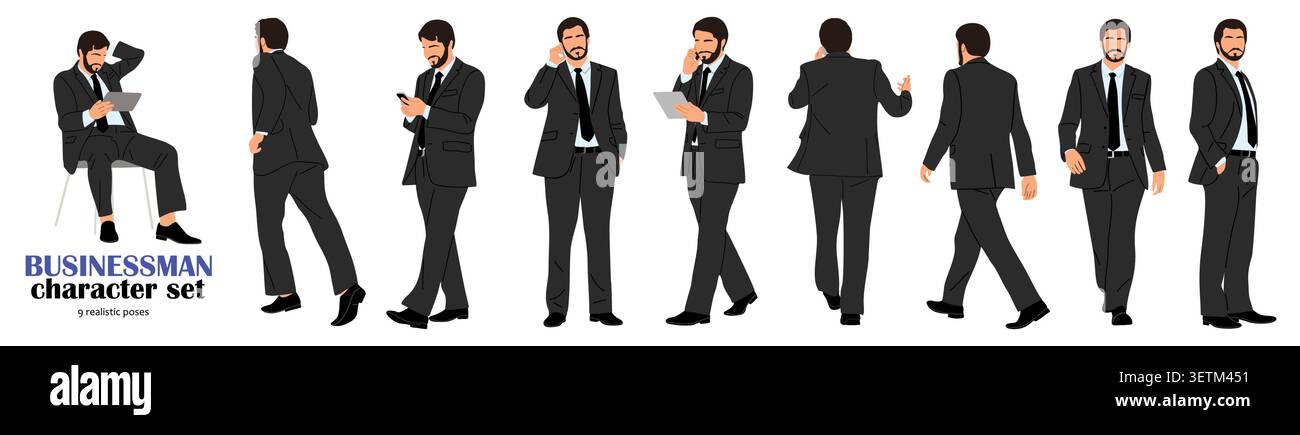 Businessman in suit walks, stands in various poses Stock Vector