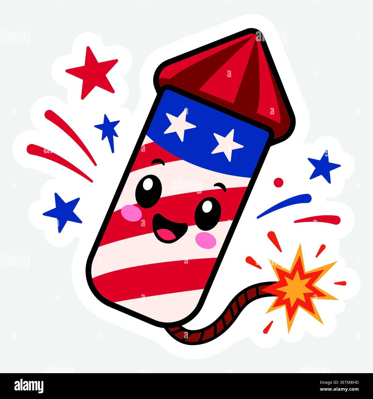 Cute patriotic firework rocket sticker, vector cartoon character Stock Vector