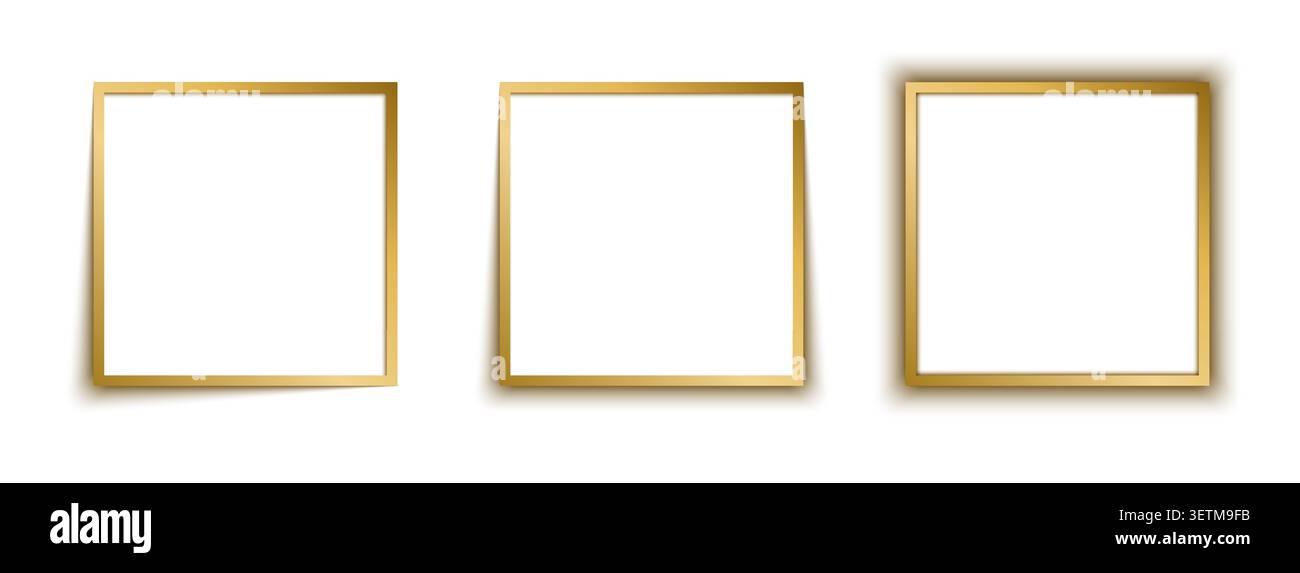 Set of three empty gold square photo frames with different shadow effects on white background Stock Vector