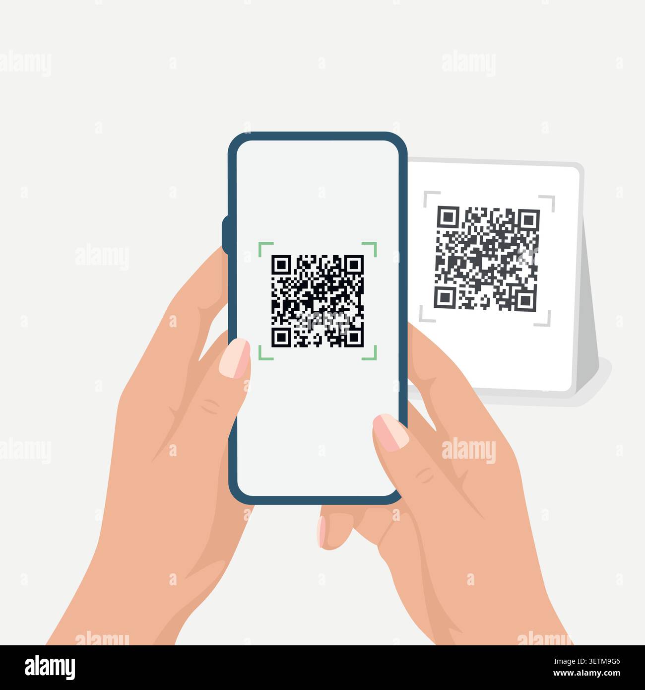 QR Code Scan, Vector Illustration. QR Code Payment and QR Code Verification with Smartphone and Printed Code. Hands Holding Mobile Phone for Stock Vector