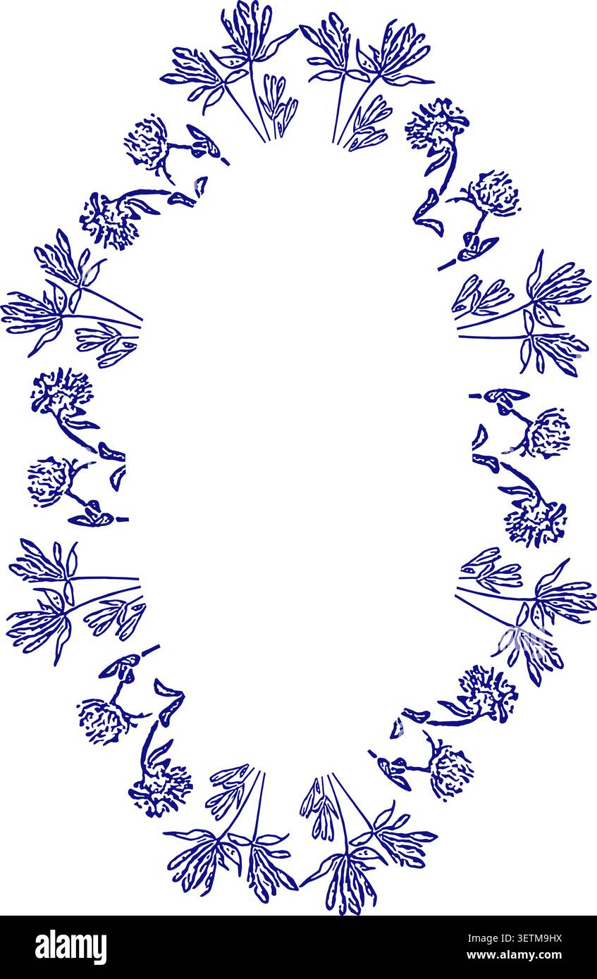 Wreath frame with flower elements. Cute oval frame box. Hand drawn vector illustration Stock Vector