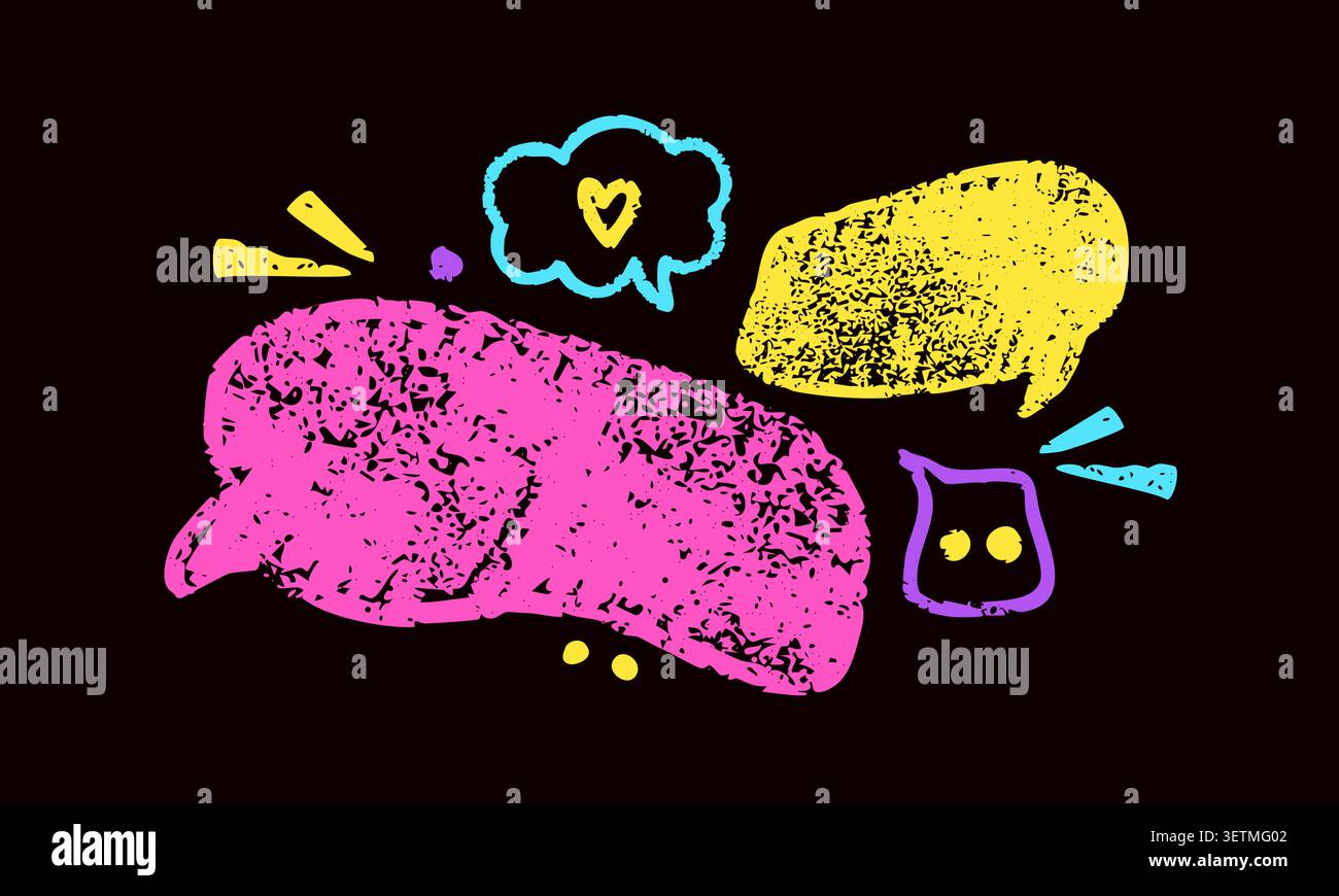 Composition with yellow and magenta crayon speech bubbles. Stock Vector