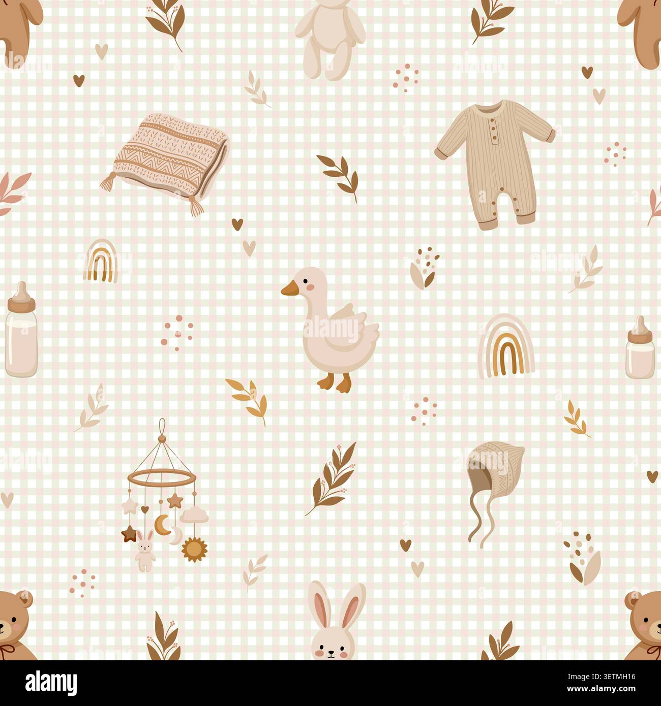 Boho baby nursery seamless pattern with cute ducklings and strollers Stock Vector