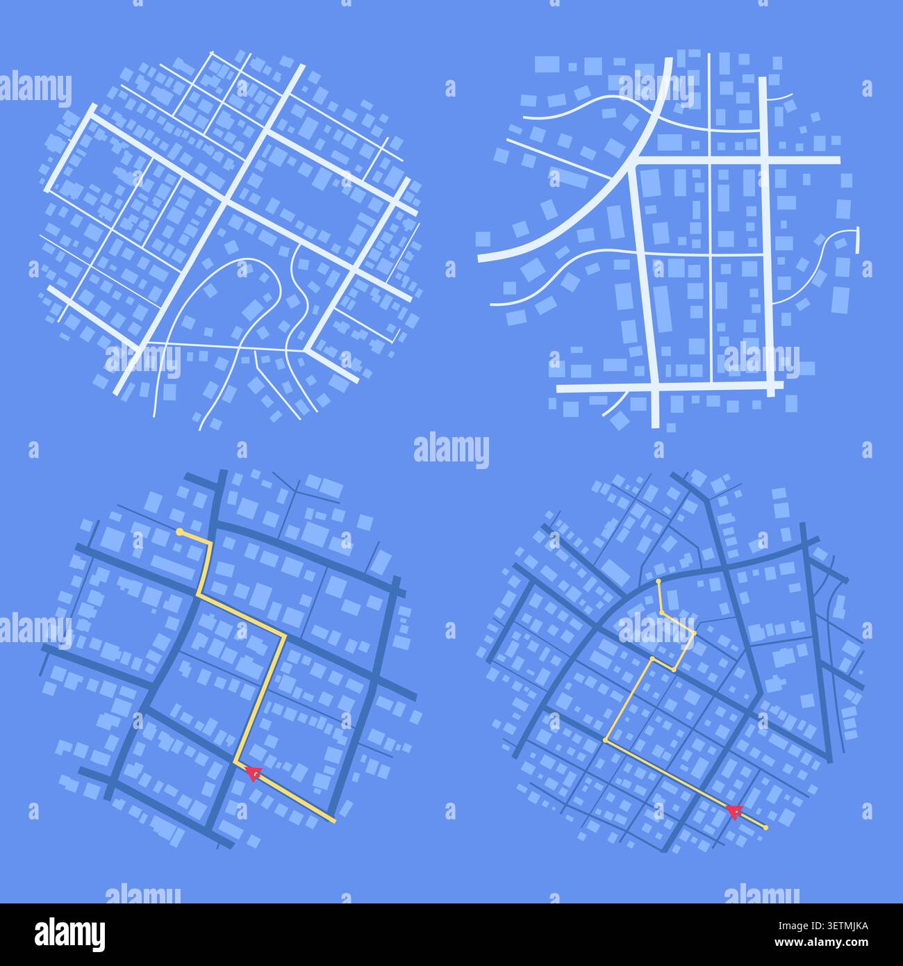 Set of four circular blue city map icons featuring street grids and yellow navigation routes with red direction arrows for mobile interfaces. Vector Stock Vector