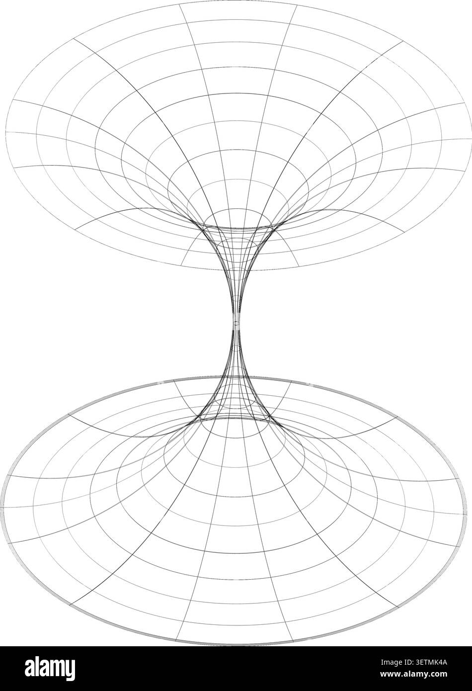 3D wireframe hyperboloid surface resembling wormhole geometry, abstract mathematical illustration for physics, science Stock Vector