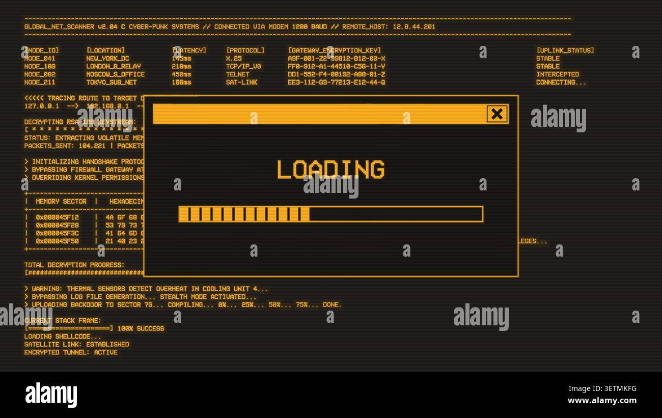 Retro monochrome amber loading message window Stock Vector