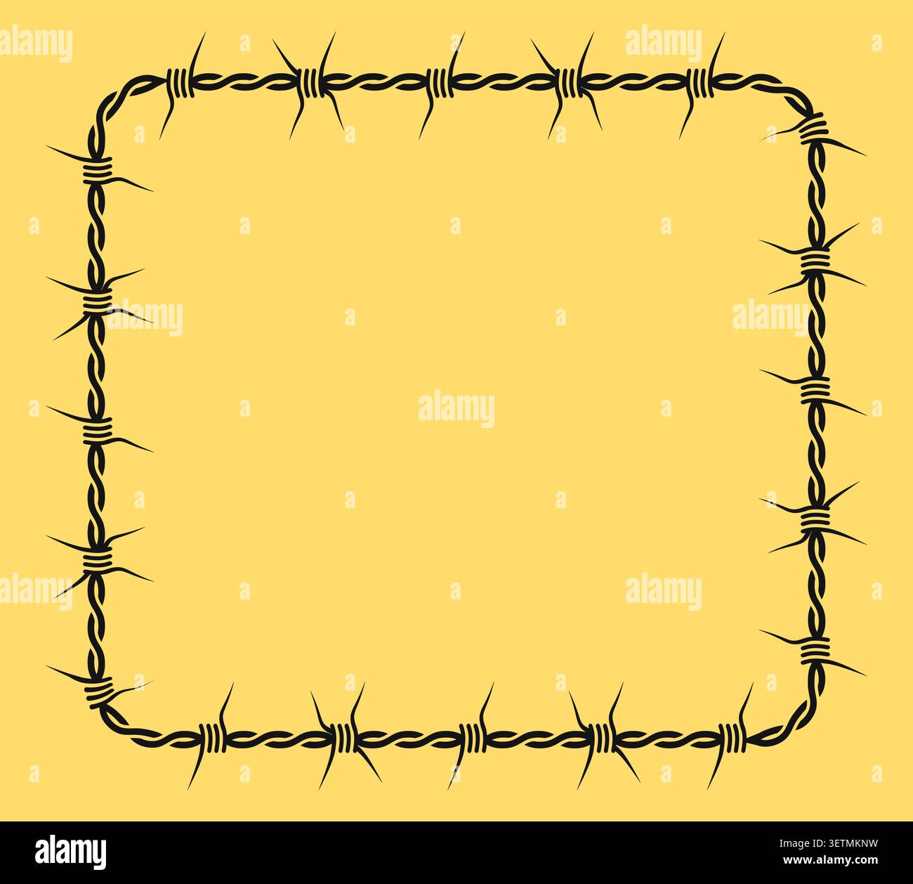 Barbed wire square border black outline on yellow background Stock Vector