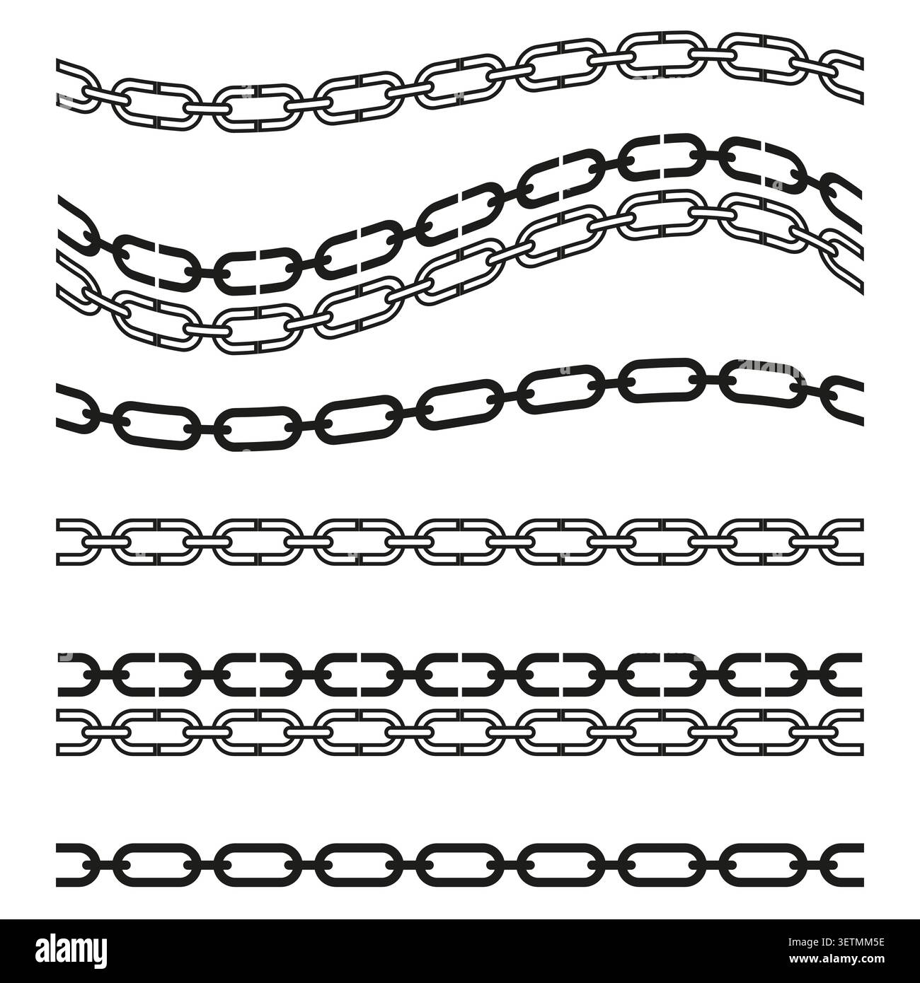 Basic geometric forms pack features black vector wavy chain shapes. Minimal collection visualizes abstract divider. eps 10 Stock Vector