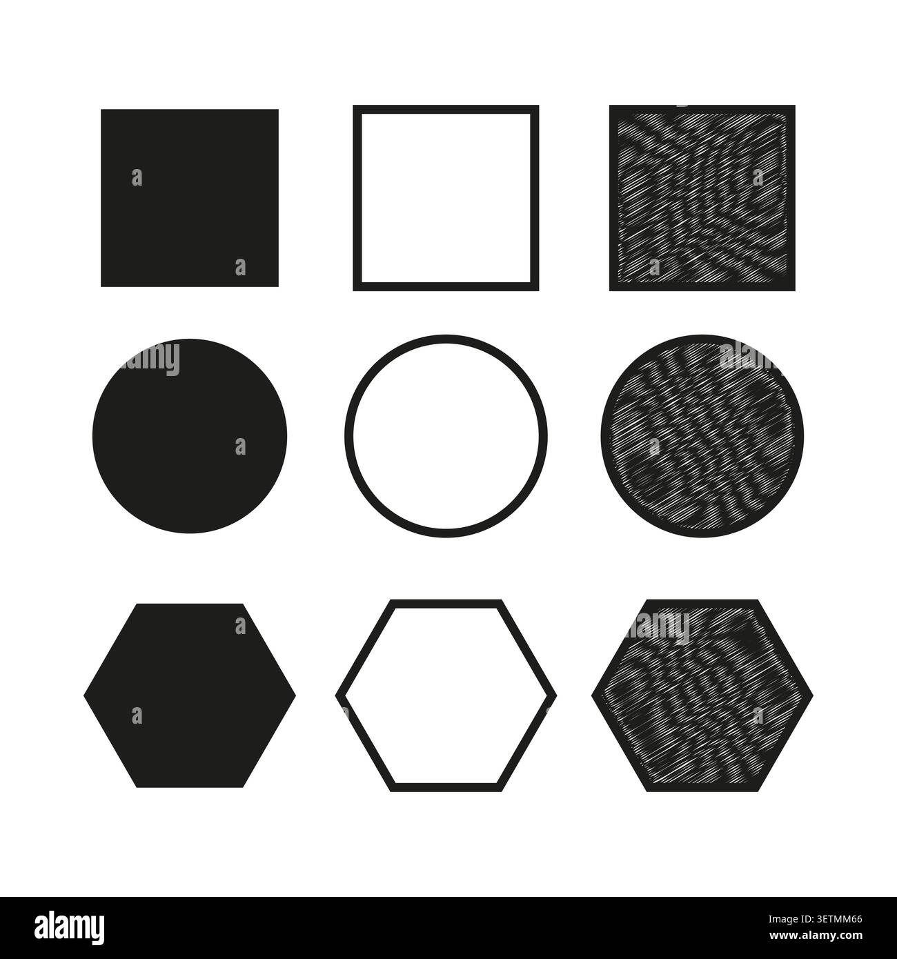 Basic geometric forms pack features black vector textured square shapes. Minimal collection visualizes abstract outline. eps 10 Stock Vector