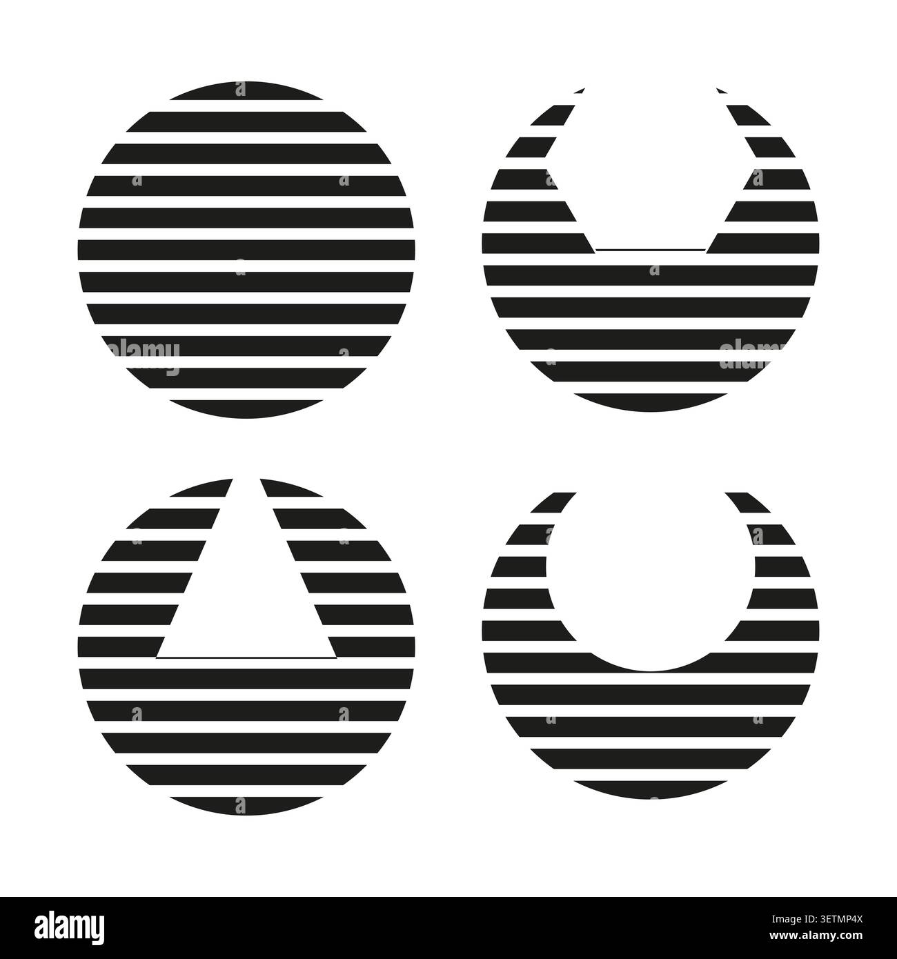 Abstract circular forms pack features black vector striped crescent shapes. Minimal collection visualizes op art. eps 10 Stock Vector